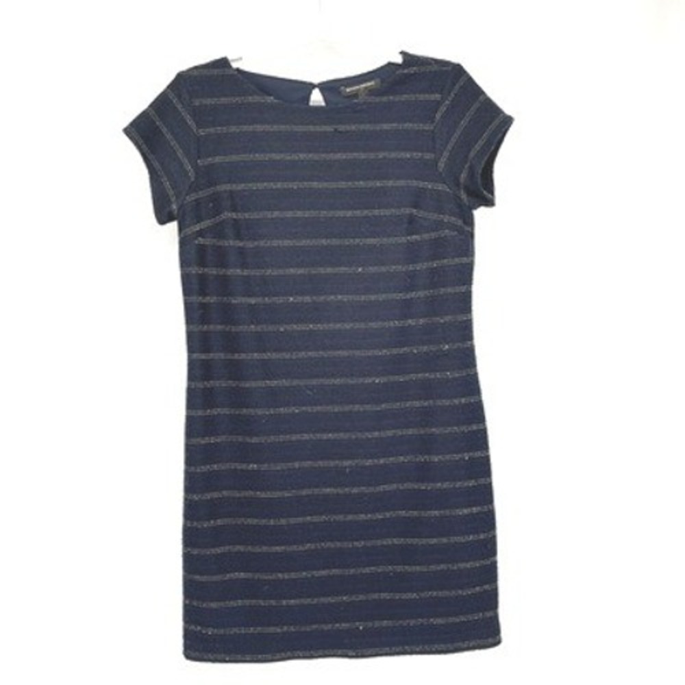 Banana Republic Dress Womens 6 Navy Blue Metallic Silver Stripe Sheath‎ Woven